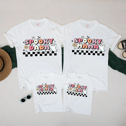 Spooky Family Matching Halloween Shirts Retro Ghost Checkerboard Design Mama Dada Mini Sister Pastel Fall Outfit Set Playful Vintage Tees