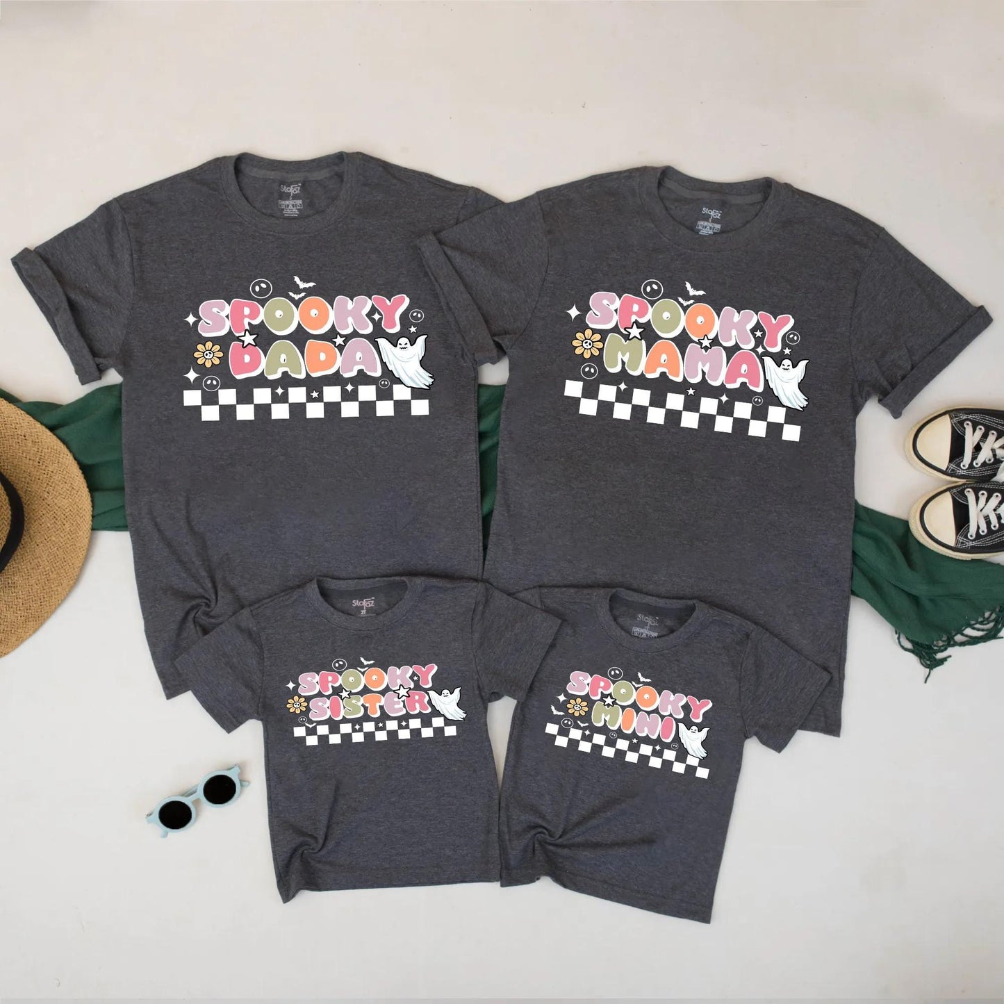 Spooky Family Matching Halloween Shirts Retro Ghost Checkerboard Design Mama Dada Mini Sister Pastel Fall Outfit Set Playful Vintage Tees