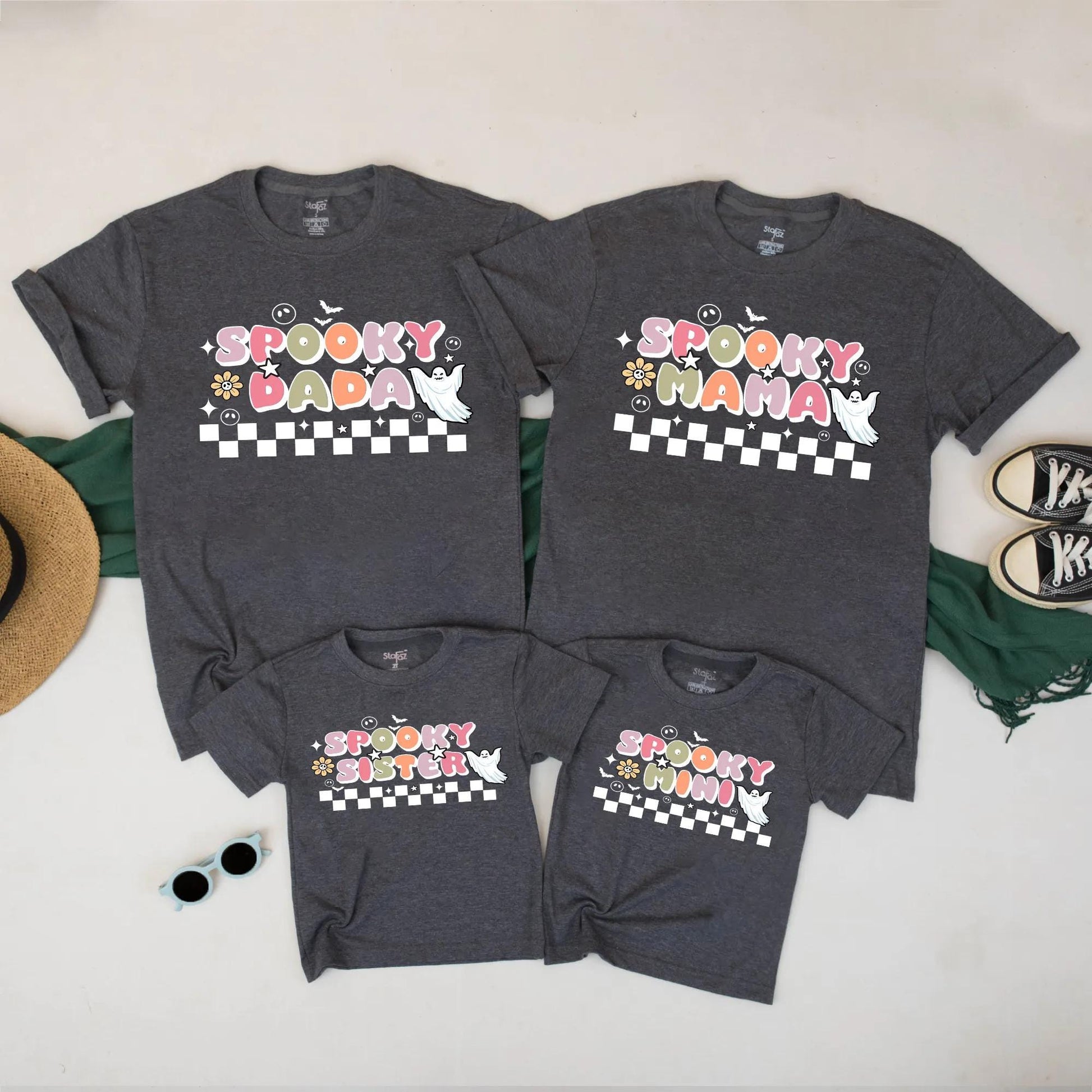 Spooky Family Matching Halloween Shirts Retro Ghost Checkerboard Design Mama Dada Mini Sister Pastel Fall Outfit Set Playful Vintage Tees