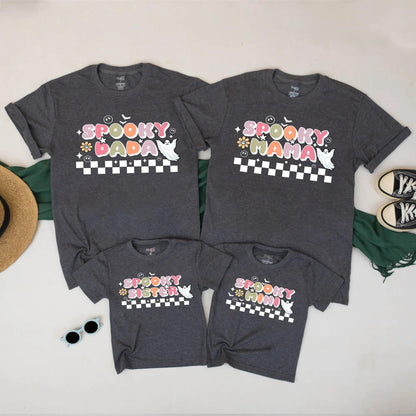 Spooky Family Matching Halloween Shirts Retro Ghost Checkerboard Design Mama Dada Mini Sister Pastel Fall Outfit Set Playful Vintage Tees