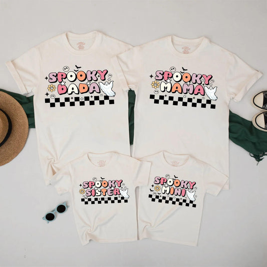 Spooky Family Matching Halloween Shirts Retro Ghost Checkerboard Design Mama Dada Mini Sister Pastel Fall Outfit Set Playful Vintage Tees