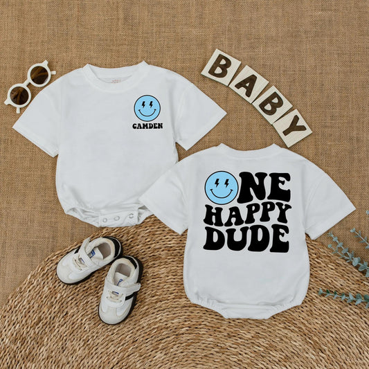 Personalized One Happy Dude Romper, Retro Birthday Outfit for Baby Boy, Custom Camden Name, Lightning Bolt Smiley Face, Groovy 1st Birthday Party Outfit