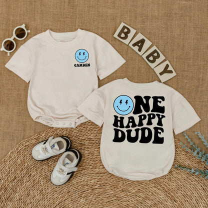 Personalized One Happy Dude Romper, Retro Birthday Outfit for Baby Boy, Custom Camden Name, Lightning Bolt Smiley Face, Groovy 1st Birthday Party Outfit
