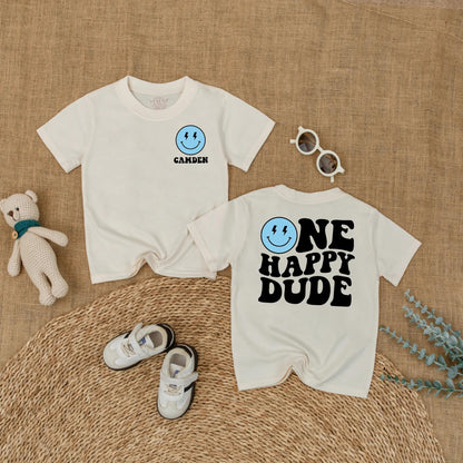 Personalized One Happy Dude Romper, Retro Birthday Outfit for Baby Boy, Custom Camden Name, Lightning Bolt Smiley Face, Groovy 1st Birthday Party Outfit