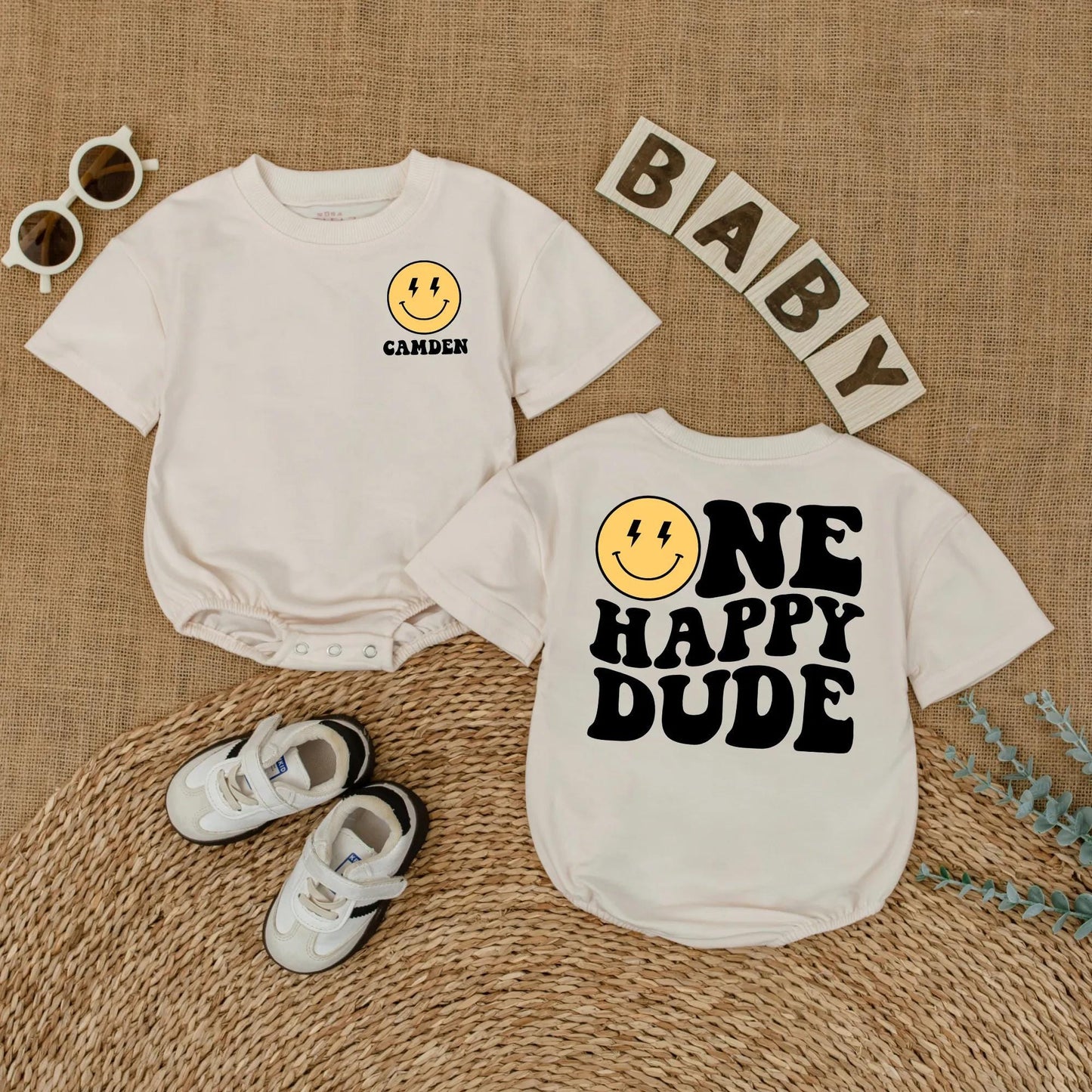 Camden One Happy Dude Baby Romper Retro Smiley Face First Birthday Outfit Toddler Boy Bodysuit Party Gift