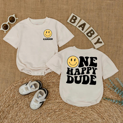 Camden One Happy Dude Baby Romper Retro Smiley Face First Birthday Outfit Toddler Boy Bodysuit Party Gift
