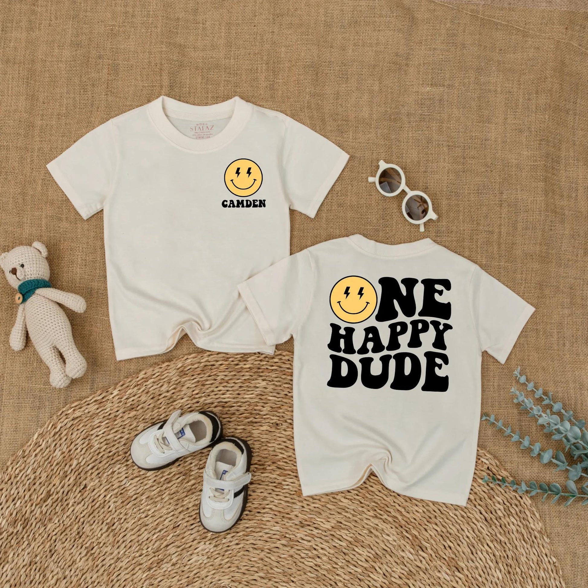 Camden One Happy Dude Baby Romper Retro Smiley Face First Birthday Outfit Toddler Boy Bodysuit Party Gift