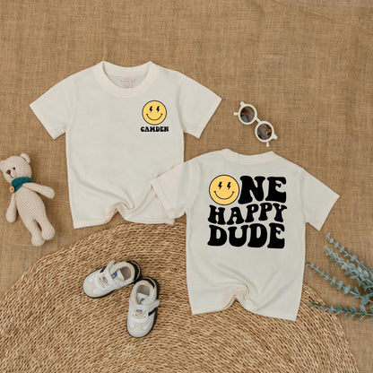 Camden One Happy Dude Baby Romper Retro Smiley Face First Birthday Outfit Toddler Boy Bodysuit Party Gift