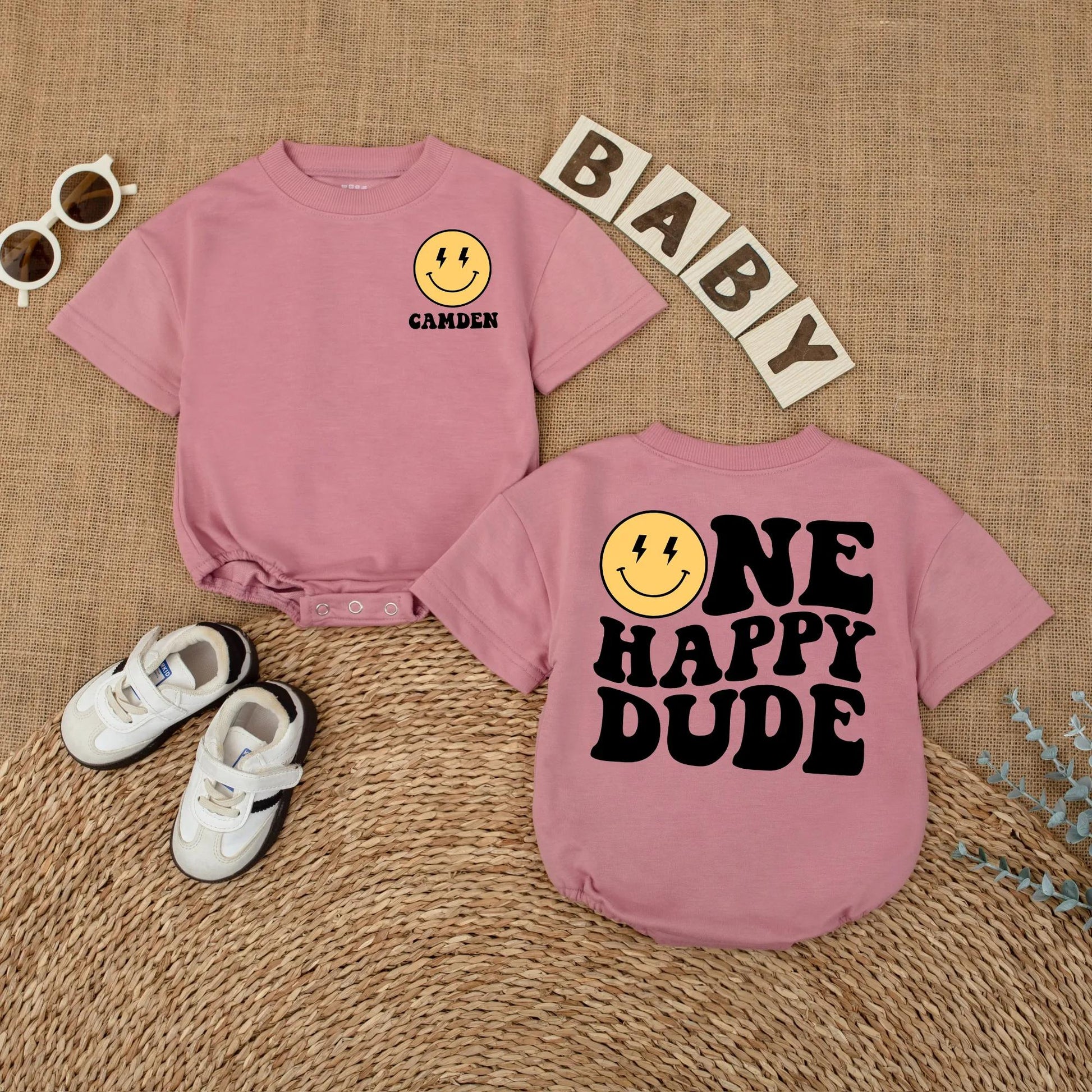 Camden One Happy Dude Baby Romper Retro Smiley Face First Birthday Outfit Toddler Boy Bodysuit Party Gift