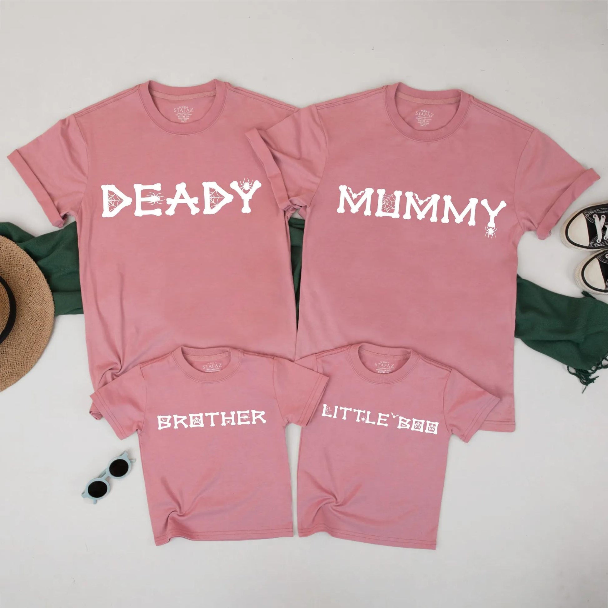 Mummy & Deady Matching Halloween Shirts: Spooky Family Outfits – Little Boo & Brother Tees with Spider Web Font, Creepy Cute Fall T-Shirt Set (138 chars)