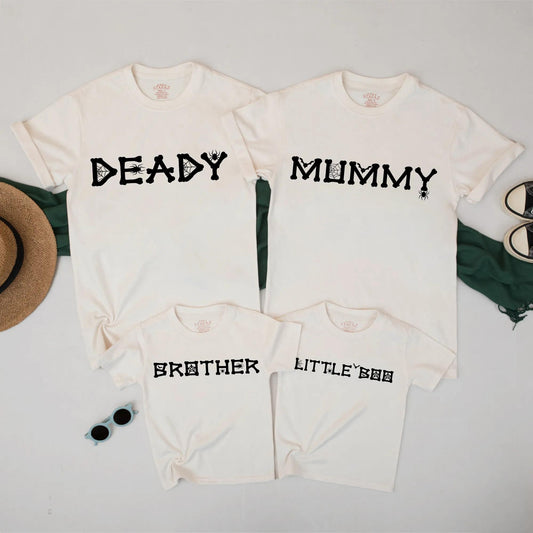 Mummy & Deady Matching Halloween Shirts: Spooky Family Outfits – Little Boo & Brother Tees with Spider Web Font, Creepy Cute Fall T-Shirt Set (138 chars)