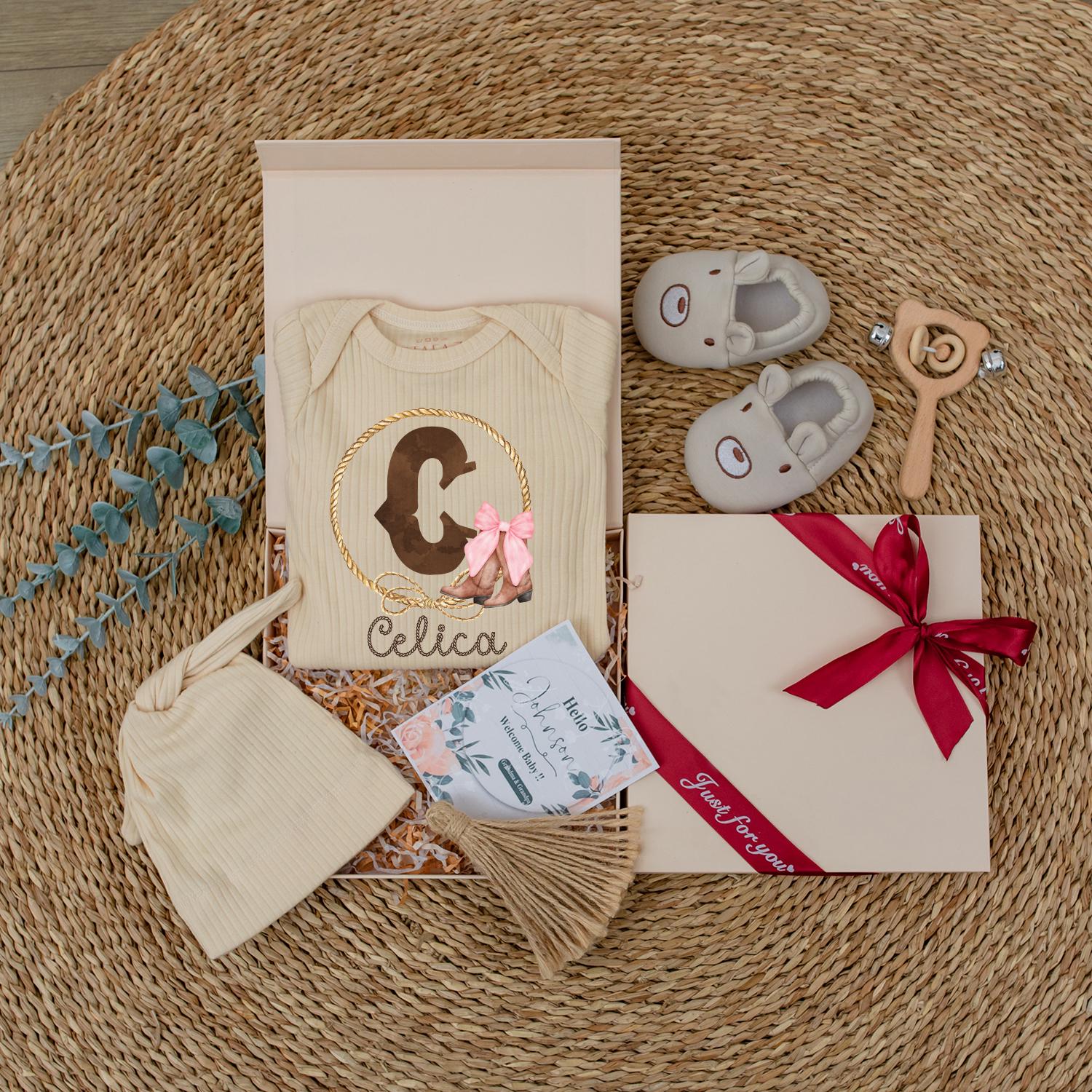 Celica Western Baby Bodysuit Custom Initial & Pink Bow Boots Outfit Personalized Newborn Cowgirl Gift