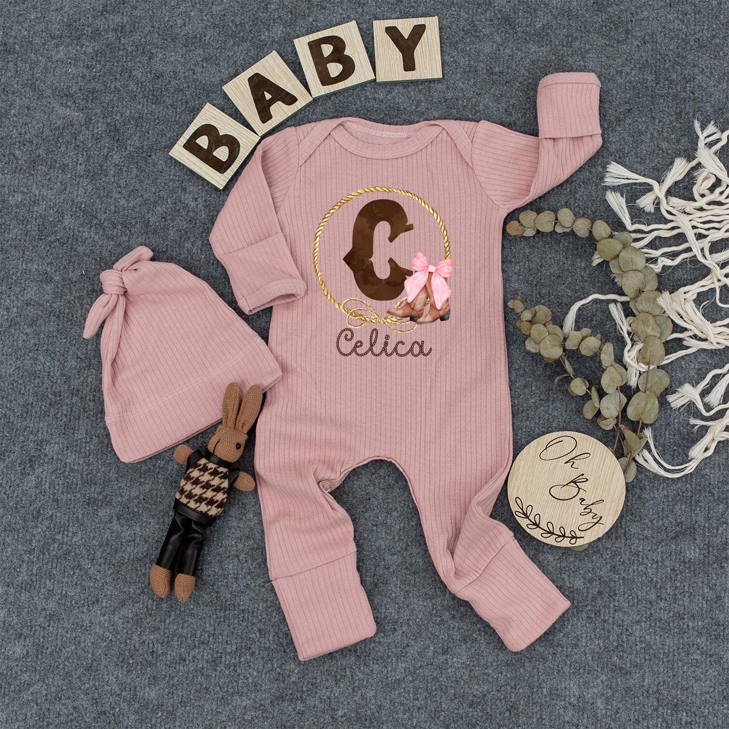 Celica Western Baby Bodysuit Custom Initial & Pink Bow Boots Outfit Personalized Newborn Cowgirl Gift