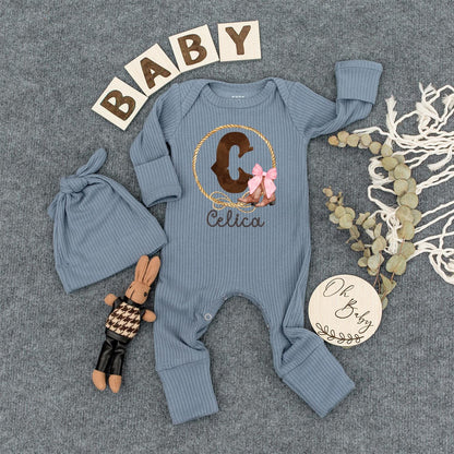 Celica Western Baby Bodysuit Custom Initial & Pink Bow Boots Outfit Personalized Newborn Cowgirl Gift
