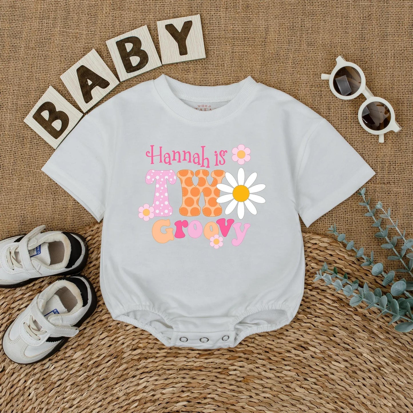 Personalized Two Groovy Second Birthday Shirt for Baby Girl Custom Name Boho Daisy Flower Vintage Pink Orange Polka Dot Party Outfit