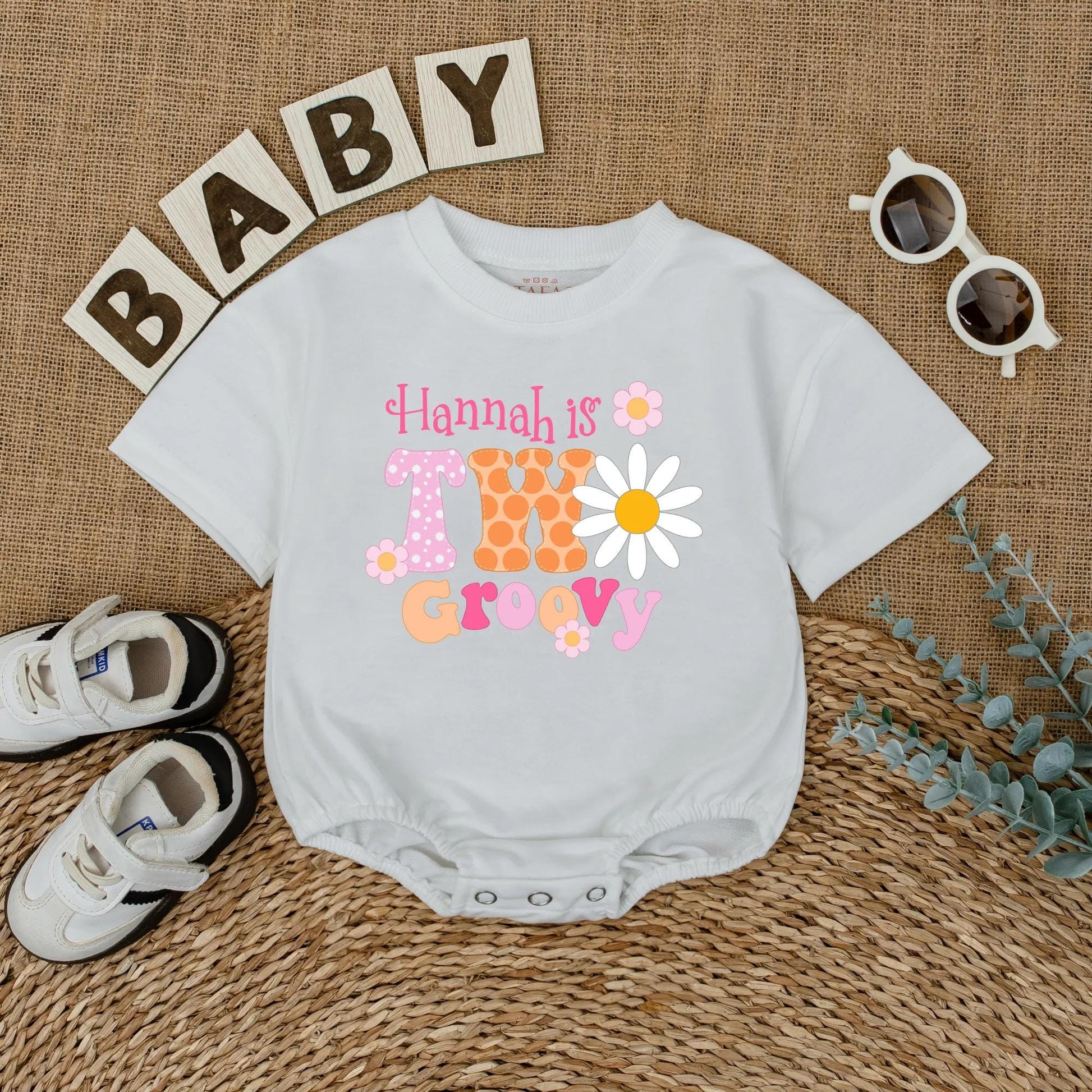Personalized Two Groovy Second Birthday Shirt for Baby Girl Custom Name Boho Daisy Flower Vintage Pink Orange Polka Dot Party Outfit