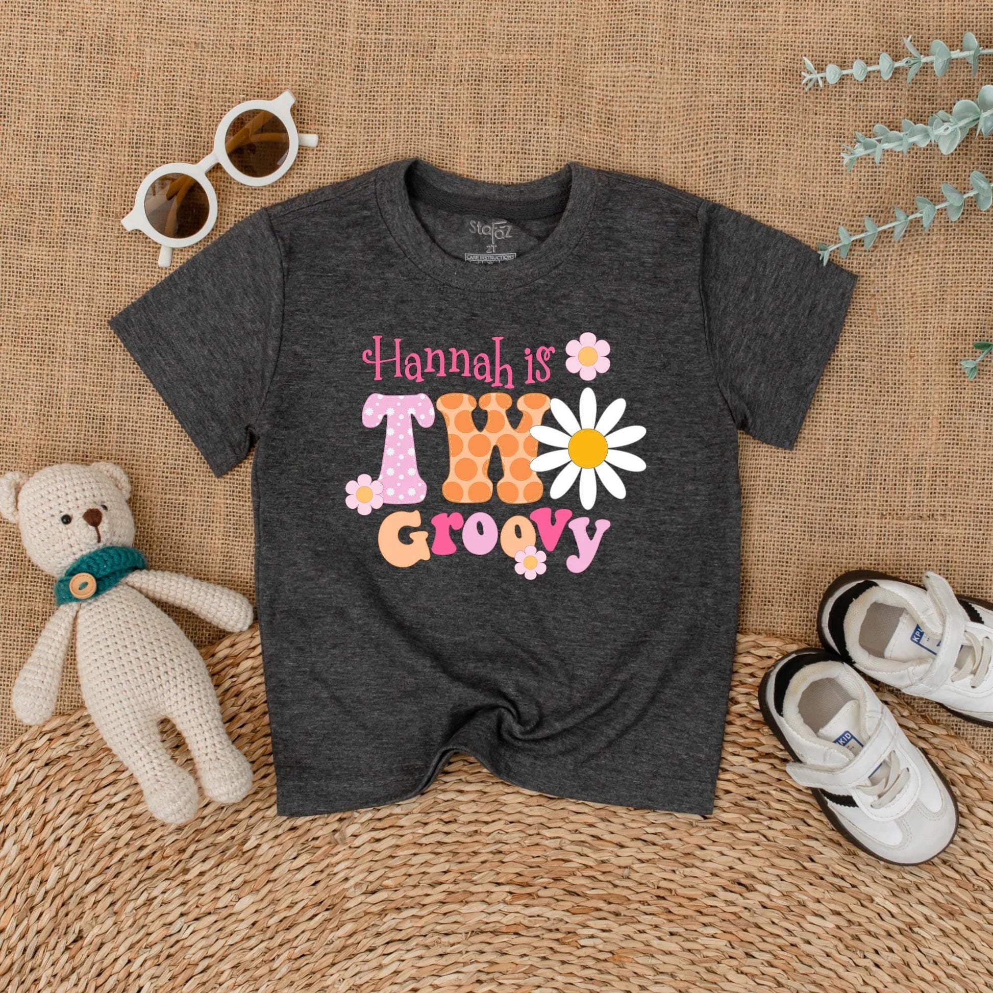 Personalized Two Groovy Second Birthday Shirt for Baby Girl Custom Name Boho Daisy Flower Vintage Pink Orange Polka Dot Party Outfit