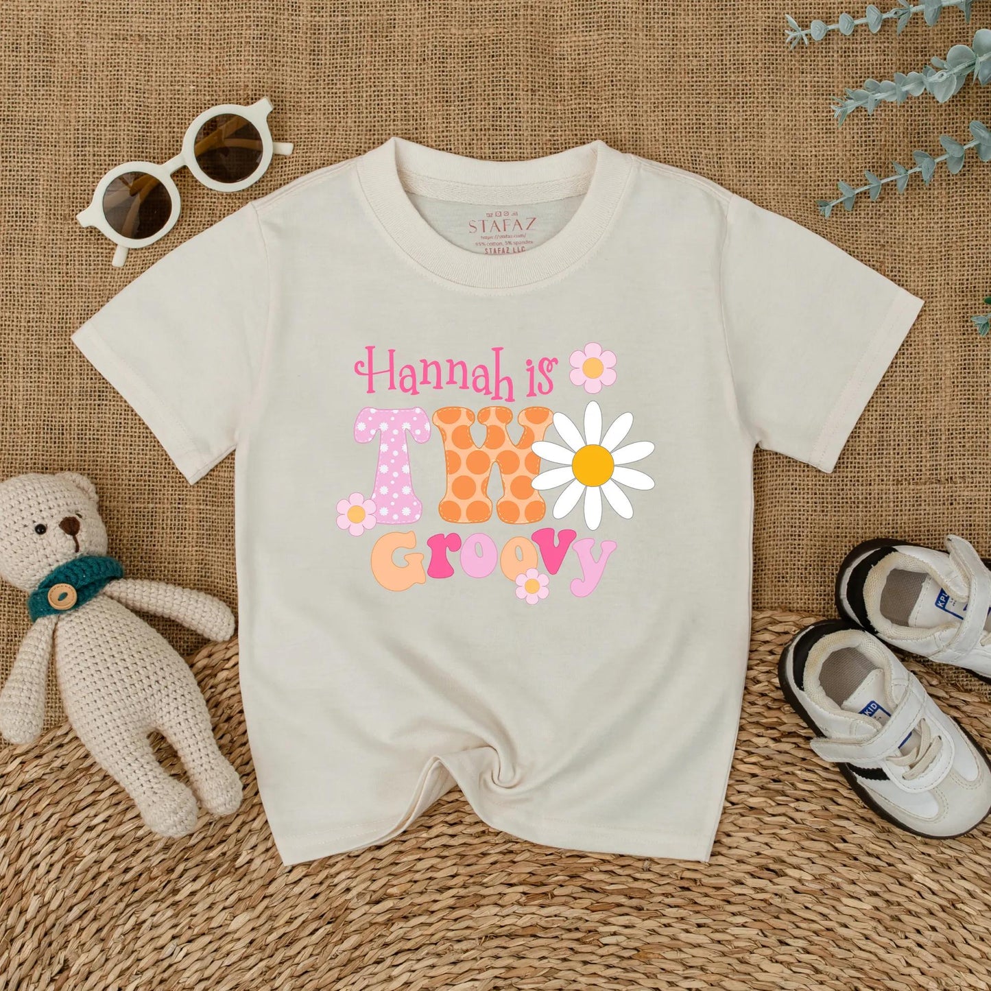 Personalized Two Groovy Second Birthday Shirt for Baby Girl Custom Name Boho Daisy Flower Vintage Pink Orange Polka Dot Party Outfit