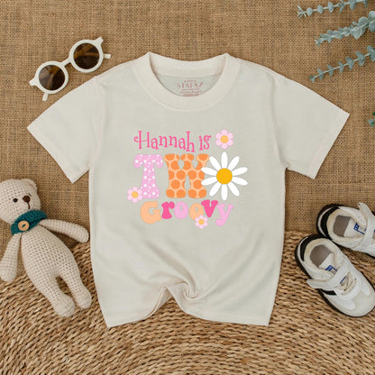 Personalized Two Groovy Second Birthday Shirt for Baby Girl Custom Name Boho Daisy Flower Vintage Pink Orange Polka Dot Party Outfit