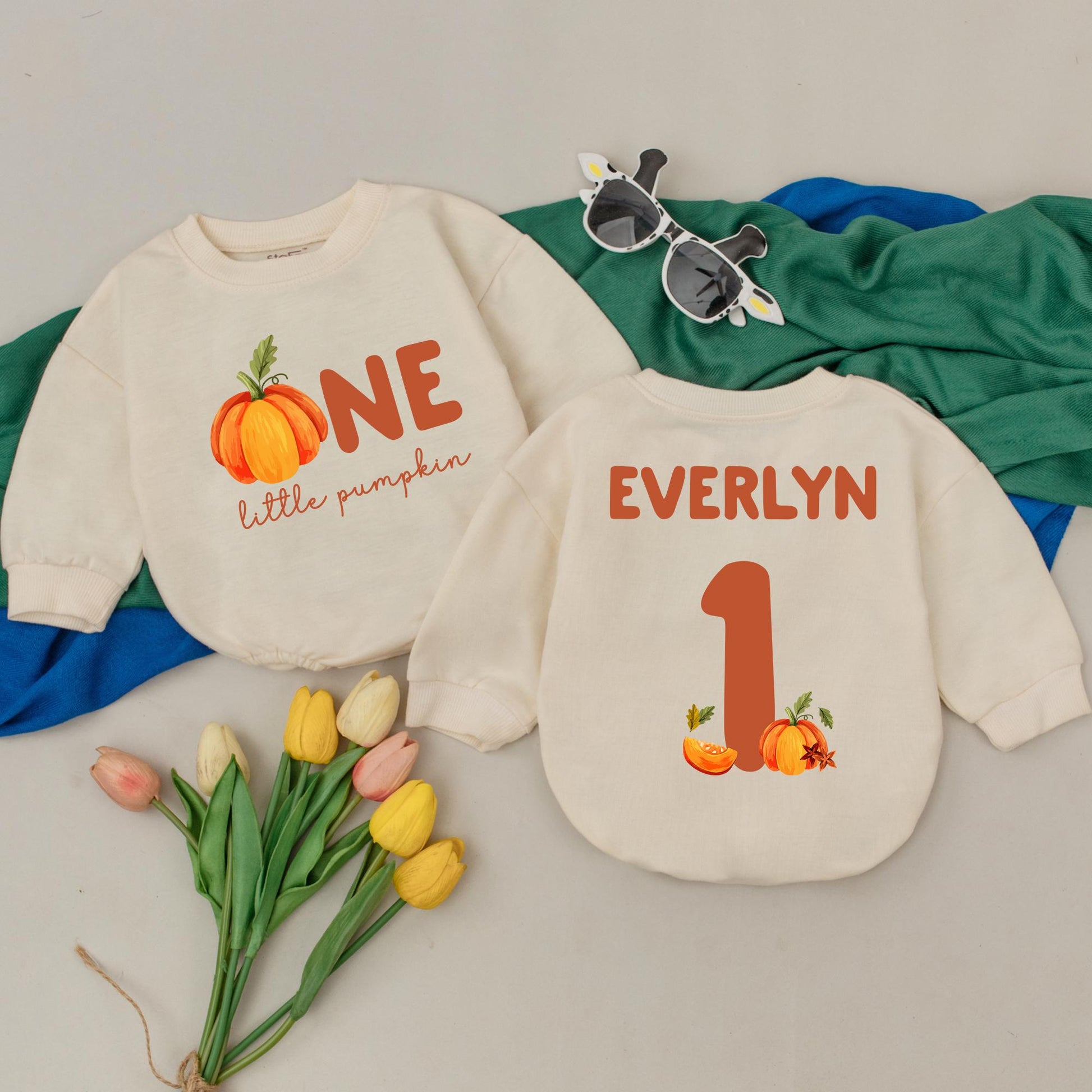 Personalized Little Pumpkin 1st Birthday Romper Set, Everlyn One Thanksgiving Outfit, Custom Name Fall Baby Clothes, Autumn Shower Gift (138 chars)