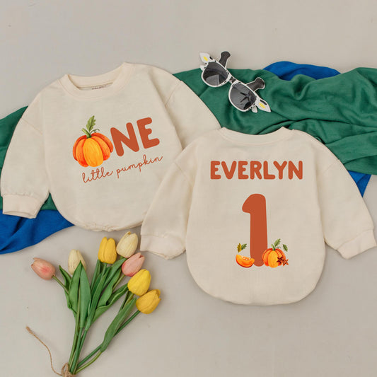 Personalized Little Pumpkin 1st Birthday Romper Set, Everlyn One Thanksgiving Outfit, Custom Name Fall Baby Clothes, Autumn Shower Gift (138 chars)