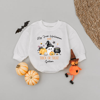 My First Halloween 2025 Baby Romper with Custom Name Trick or Treat Ghost Pumpkin Design Cute Orange Green Black White Infant Outfit