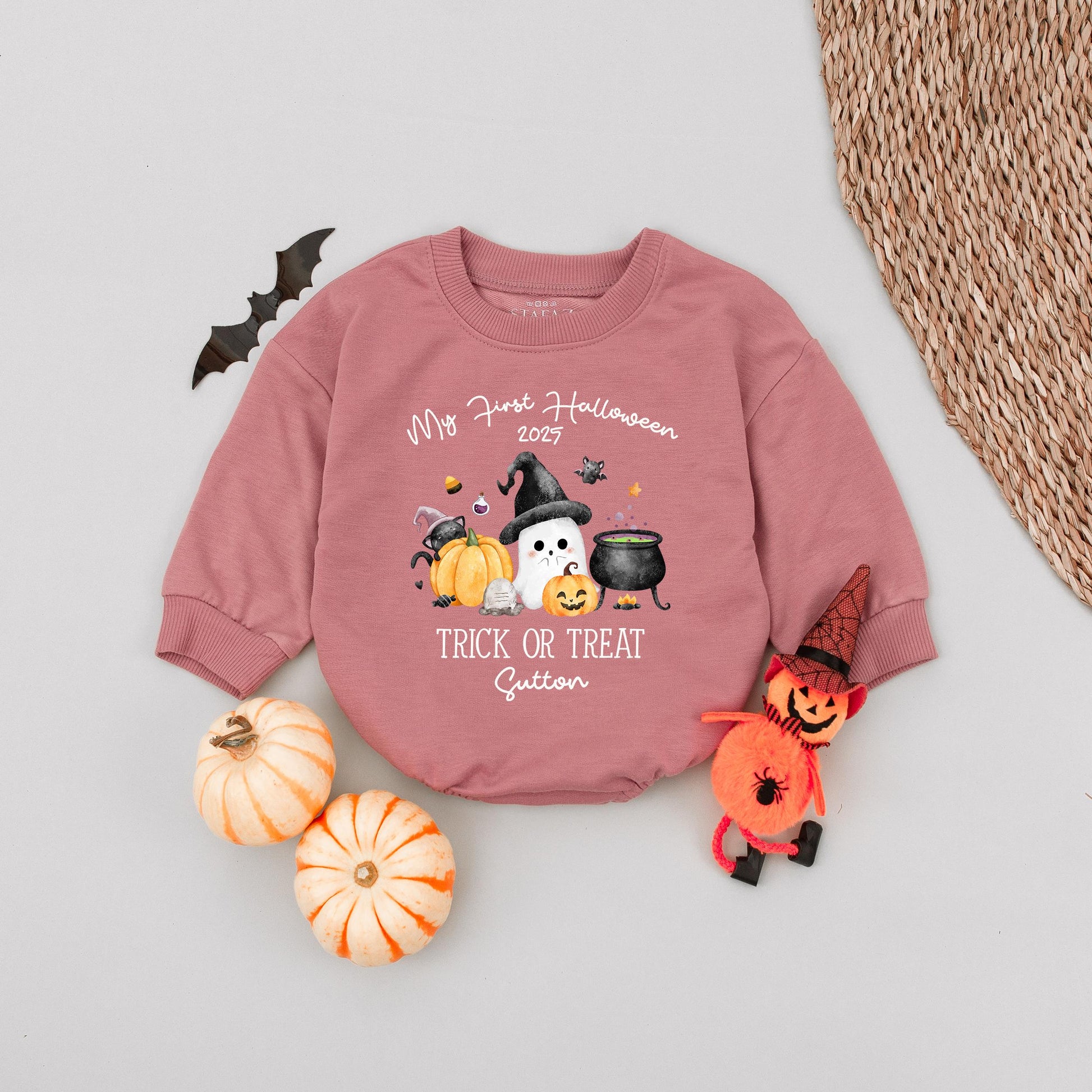 My First Halloween 2025 Baby Romper with Custom Name Trick or Treat Ghost Pumpkin Design Cute Orange Green Black White Infant Outfit