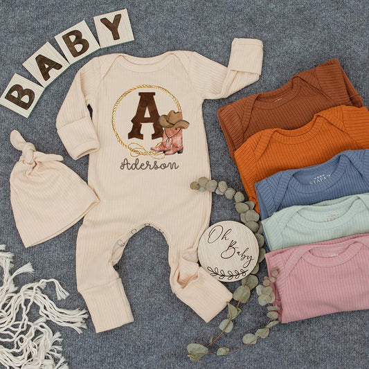 Aderson Western Cowboy Baby Romper with Initial A Golden Rope Lasso Boots Hat Long Sleeve Ribbed Newborn Outfit Gift Idea Rustic Personalized