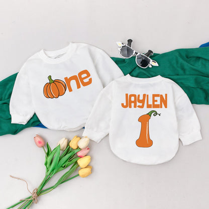Personalized Pumpkin First Birthday Romper, Orange One Pumpkin Outfit, Custom Name Thanksgiving Baby Outfit, Fall Autumn Romper, Baby Shower Gift 138 chars