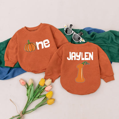 Personalized Pumpkin First Birthday Romper, Orange One Pumpkin Outfit, Custom Name Thanksgiving Baby Outfit, Fall Autumn Romper, Baby Shower Gift 138 chars