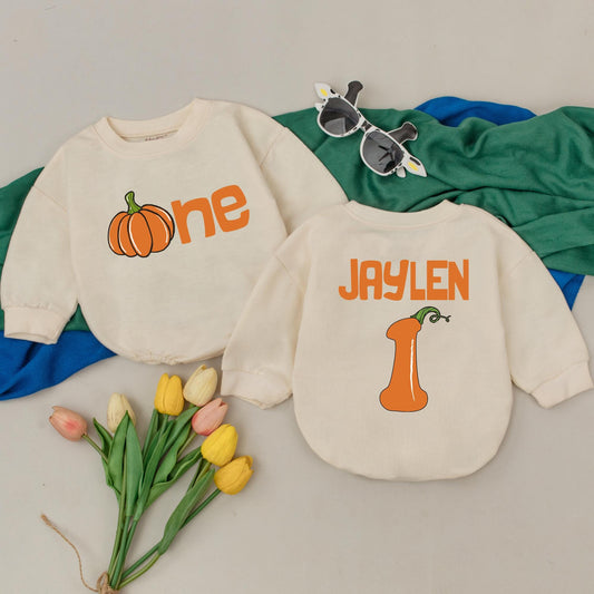 Personalized Pumpkin First Birthday Romper, Orange One Pumpkin Outfit, Custom Name Thanksgiving Baby Outfit, Fall Autumn Romper, Baby Shower Gift 138 chars
