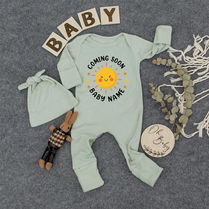 Custom Baby Name Coming Soon Bodysuit, Smiling Sun Newborn Outfit with Yellow Stars, Cute Gender Neutral Baby Shower Gift Clothes, Modern Baby Tee (136 chars)
