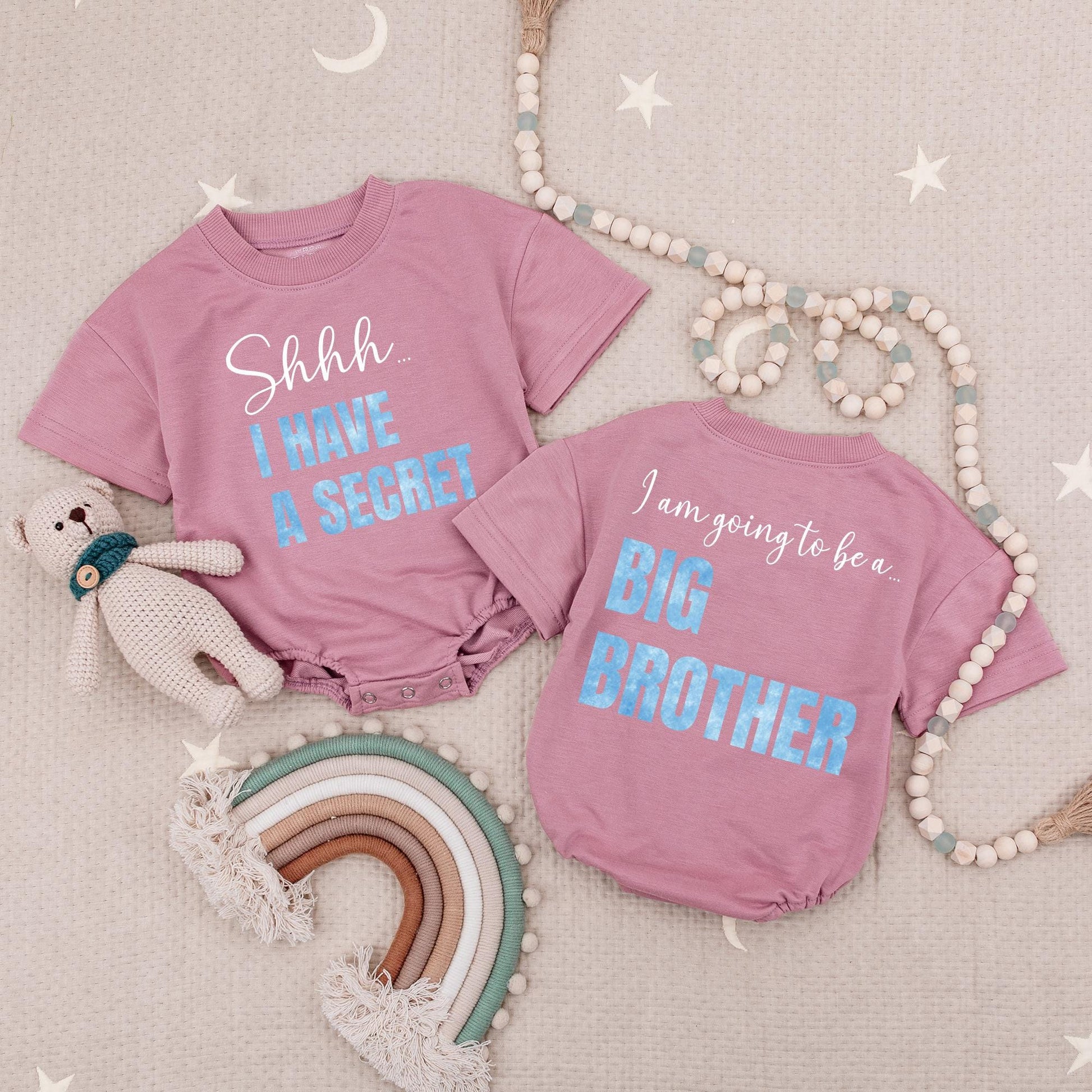 Shhh I Have A Secret Big Brother Announcement Bubble Romper Promoted To Big Brother Typography Design Black Script Light Blue Letters Modern Cute Babysuit