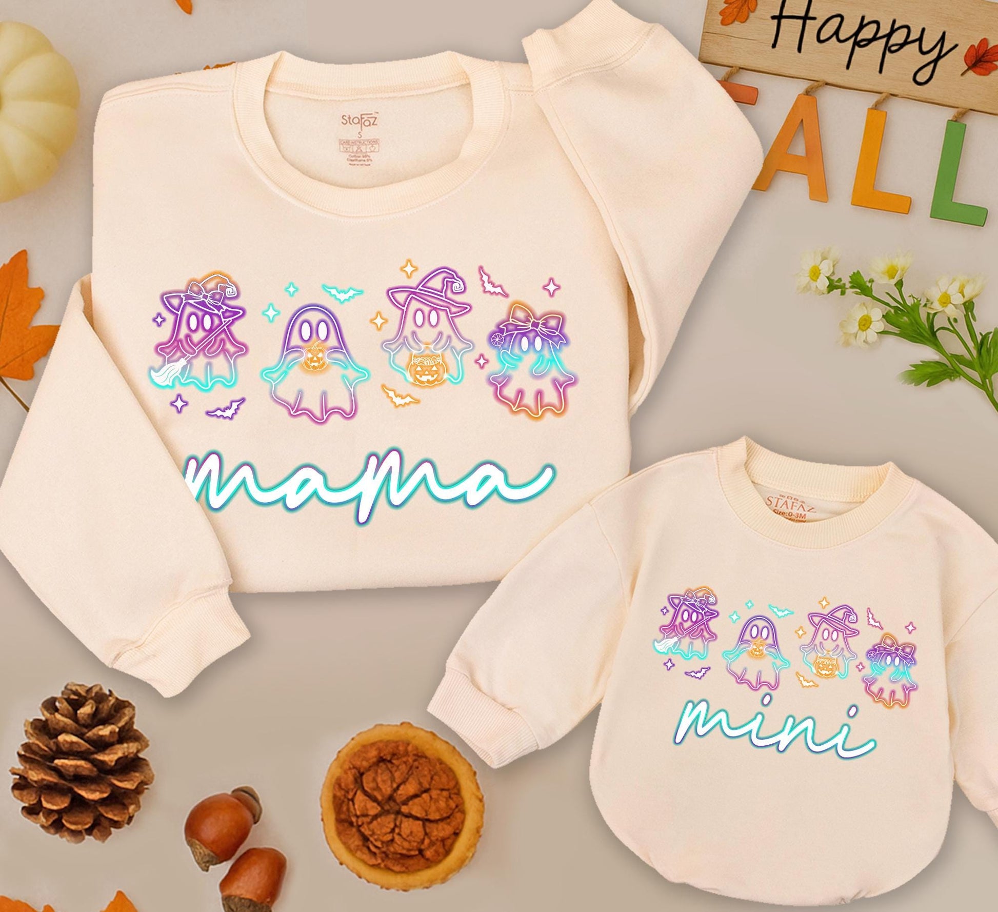 Halloween Neon Ghost Mama Mini Sweatshirt Cute Spooky Mama & Mini Outfit Playful Ghost Design Mama Mini Halloween Party