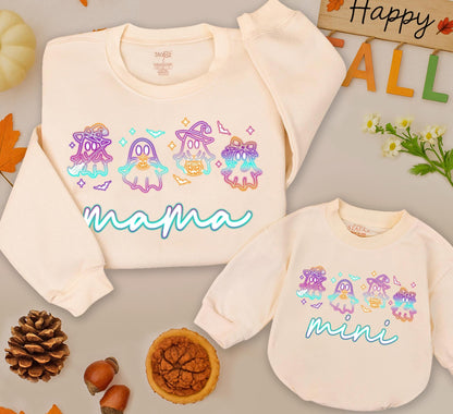 Halloween Neon Ghost Mama Mini Sweatshirt Cute Spooky Mama & Mini Outfit Playful Ghost Design Mama Mini Halloween Party