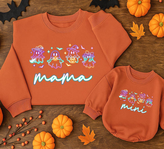 Halloween Neon Ghost Mama Mini Sweatshirt Cute Spooky Mama & Mini Outfit Playful Ghost Design Mama Mini Halloween Party