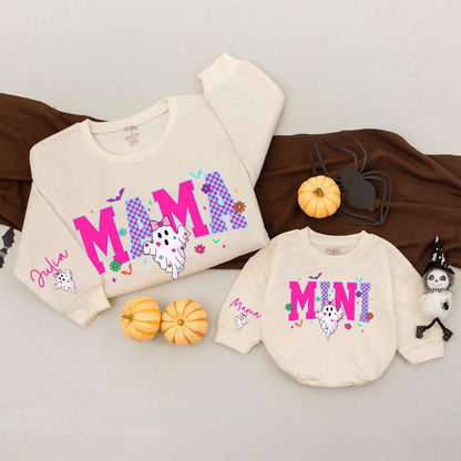 Matching Retro Halloween Mama Mini Sweatshirts, Spooky Ghost Outfit, Pink and Blue Checkerboard Design, Personalized Family Sweaters, Fun Fall Season