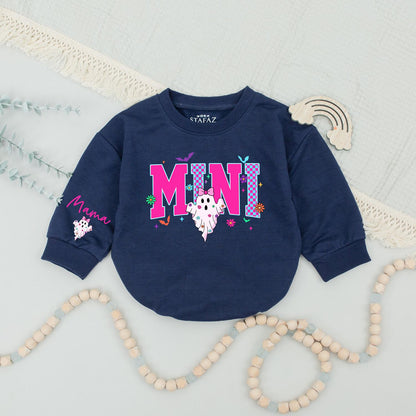 Matching Retro Halloween Mama Mini Sweatshirts, Spooky Ghost Outfit, Pink and Blue Checkerboard Design, Personalized Family Sweaters, Fun Fall Season
