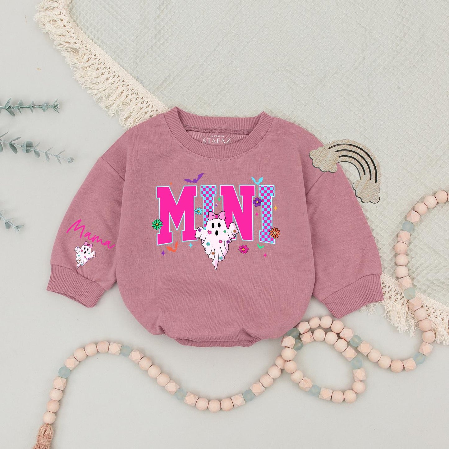 Matching Retro Halloween Mama Mini Sweatshirts, Spooky Ghost Outfit, Pink and Blue Checkerboard Design, Personalized Family Sweaters, Fun Fall Season