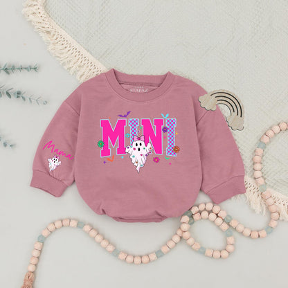 Matching Retro Halloween Mama Mini Sweatshirts, Spooky Ghost Outfit, Pink and Blue Checkerboard Design, Personalized Family Sweaters, Fun Fall Season