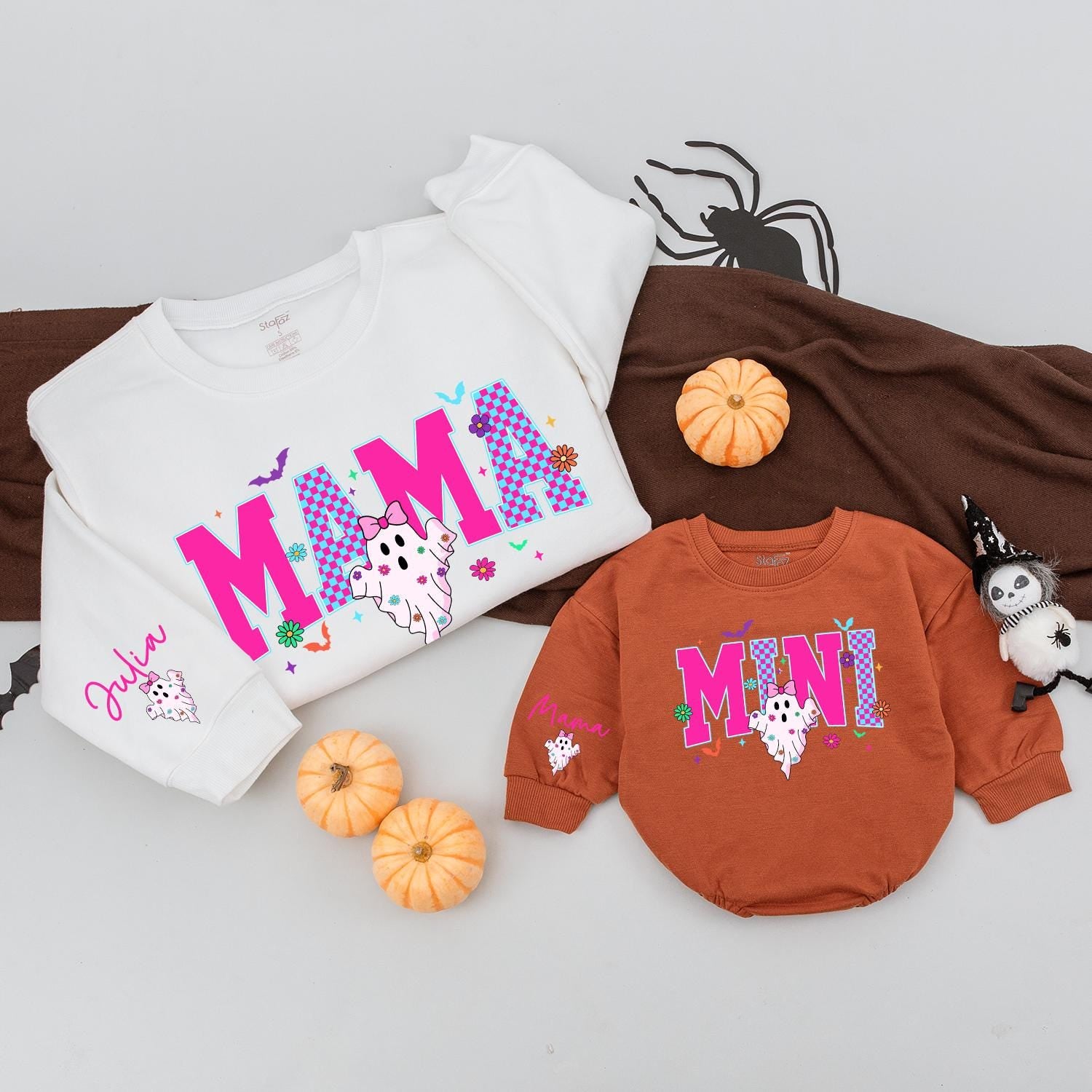 Matching Retro Halloween Mama Mini Sweatshirts, Spooky Ghost Outfit, Pink and Blue Checkerboard Design, Personalized Family Sweaters, Fun Fall Season