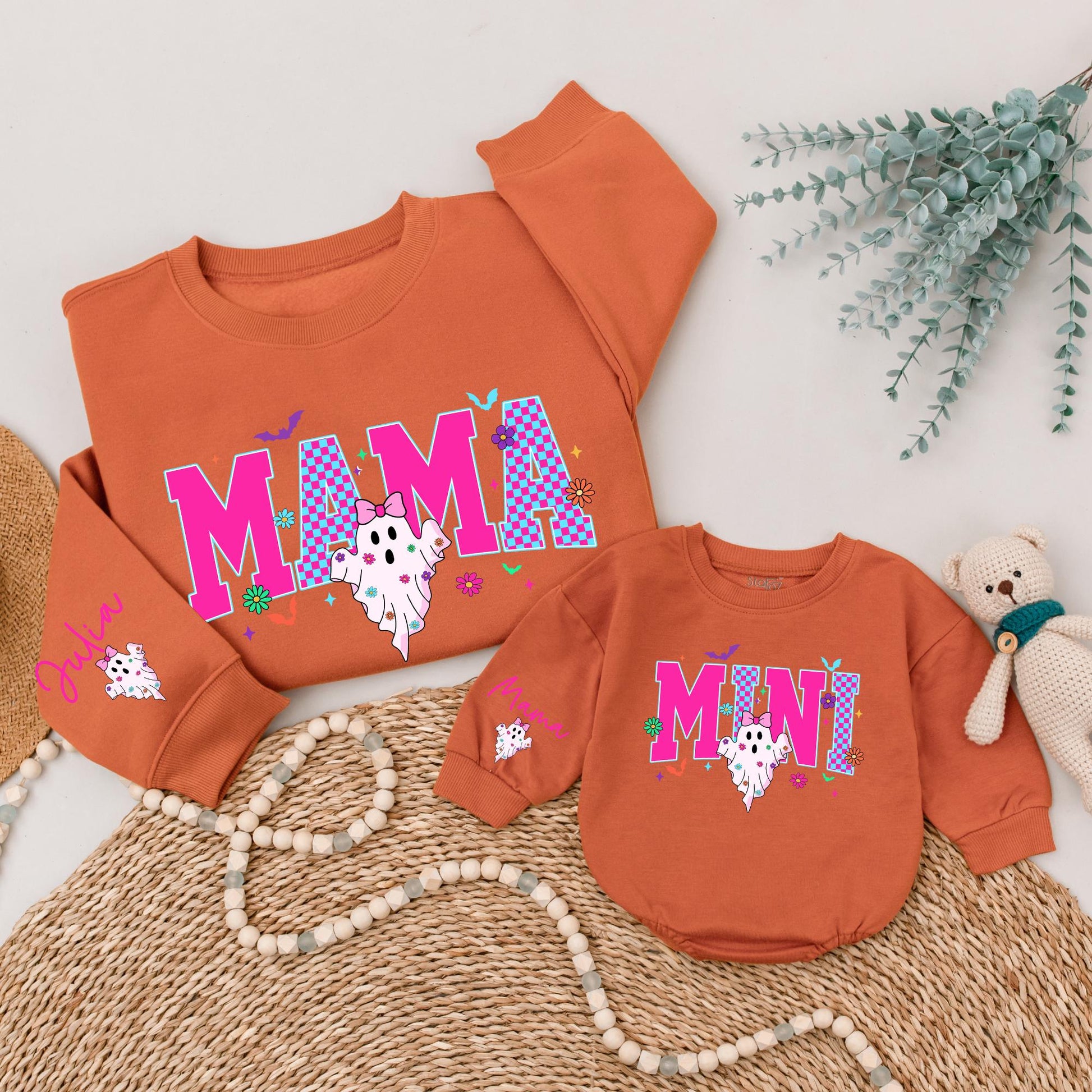 Matching Retro Halloween Mama Mini Sweatshirts, Spooky Ghost Outfit, Pink and Blue Checkerboard Design, Personalized Family Sweaters, Fun Fall Season