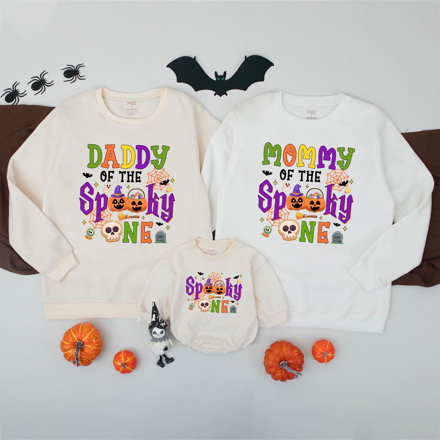 Spooky One Halloween First Birthday Matching Family Sweatshirt for Mom Dad Brother with festive ghosts pumpkins bats and bright colors