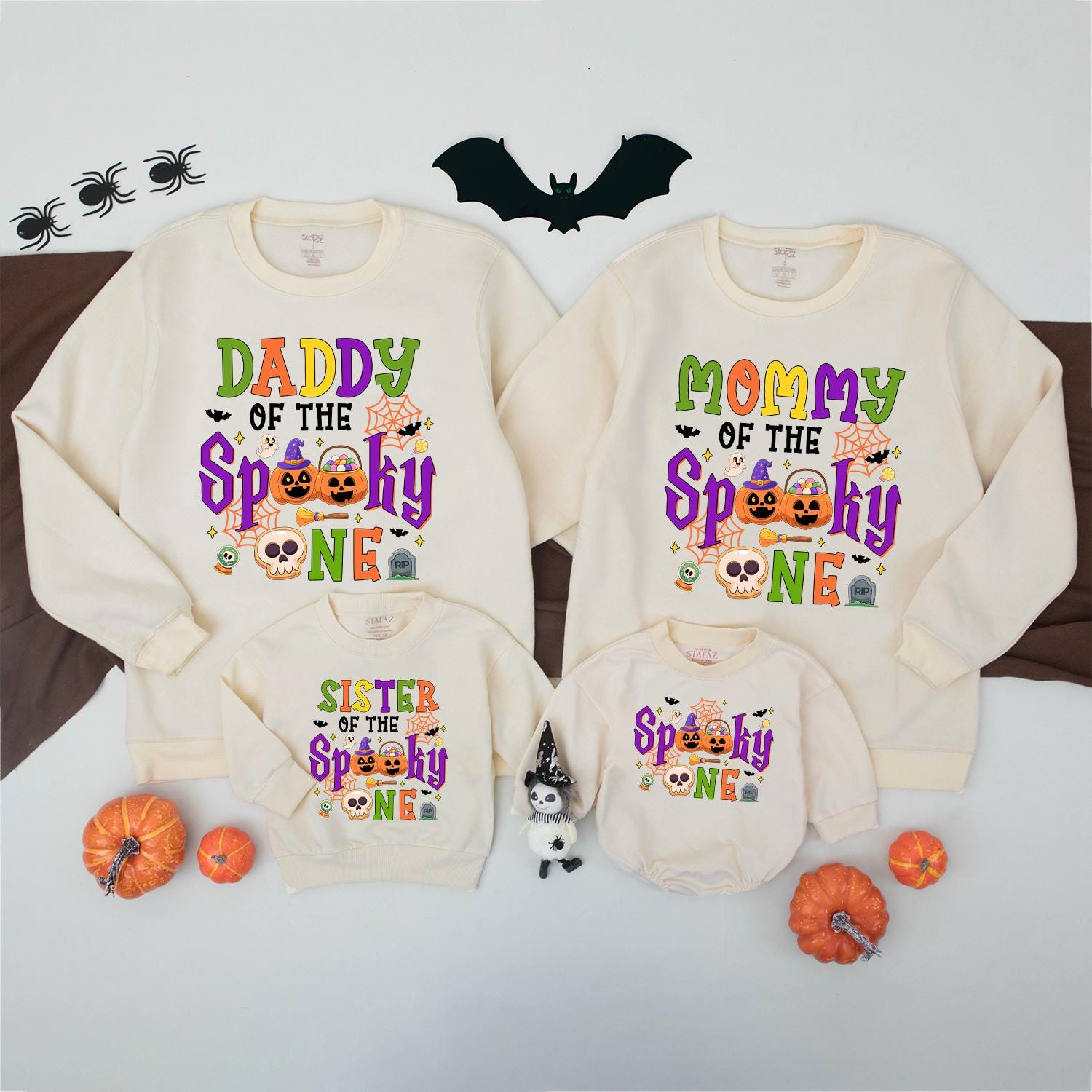 Spooky One Halloween First Birthday Matching Family Sweatshirt for Mom Dad Brother with festive ghosts pumpkins bats and bright colors
