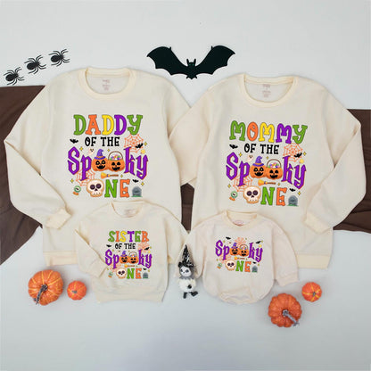 Spooky One Halloween First Birthday Matching Family Sweatshirt for Mom Dad Brother with festive ghosts pumpkins bats and bright colors
