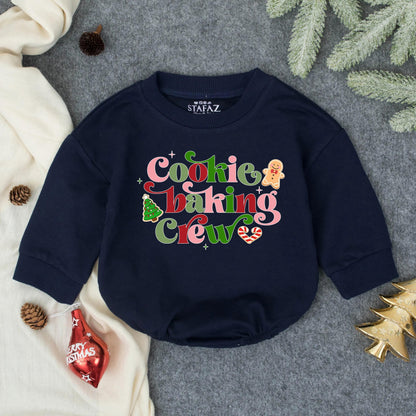 Cookie Baking Crew Baby Romper Sweater Christmas Gingerbread Infant Outfit Whimsical Pink Red Green Holiday Tree Design First Christmas Baby