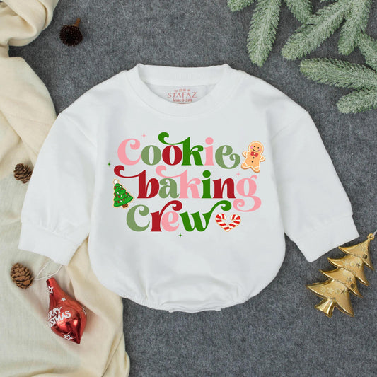 Cookie Baking Crew Baby Romper Sweater Christmas Gingerbread Infant Outfit Whimsical Pink Red Green Holiday Tree Design First Christmas Baby