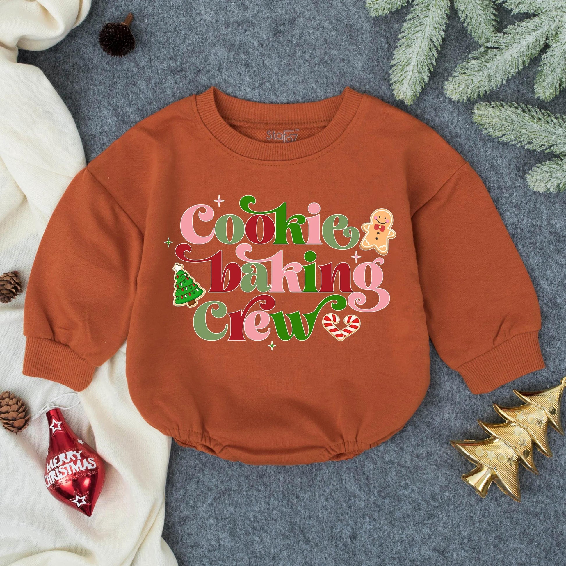 Cookie Baking Crew Baby Romper Sweater Christmas Gingerbread Infant Outfit Whimsical Pink Red Green Holiday Tree Design First Christmas Baby