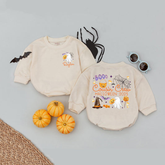 Custom Raylan Cousin Crew Halloween Baby Romper & Kids Matching T-Shirts Spooky Cute Ghost Bats Pumpkin Candy Corn 2025 Family Group Fun