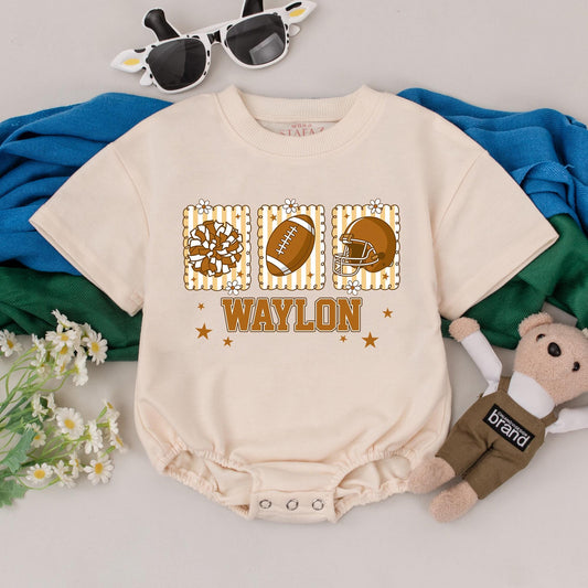Waylon Baby Romper: Retro Football Game Day Outfit for Baby Girl, Custom Name, Stars, Frames, Football Season, New Baby Gift, Shower